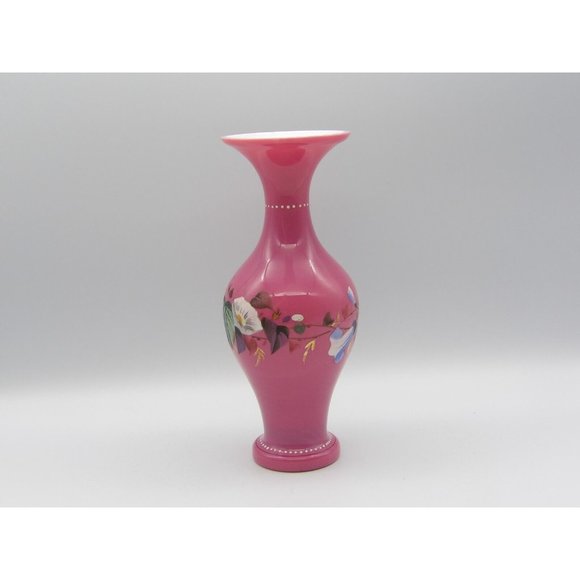 Vintage Hand Blown Cased Glass Vase Pink Hand Painted Enamel Flowers 8 3/4" H - Picture 5 of 9